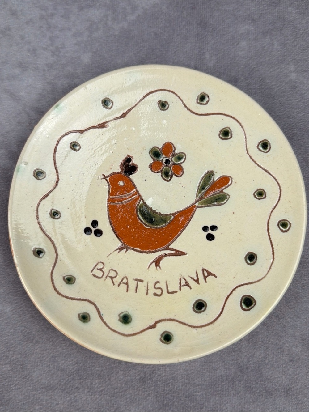 VTG Bratislava Slovakia Folk Art Pottery Wall Plate 5.75” Bird Hand Painted